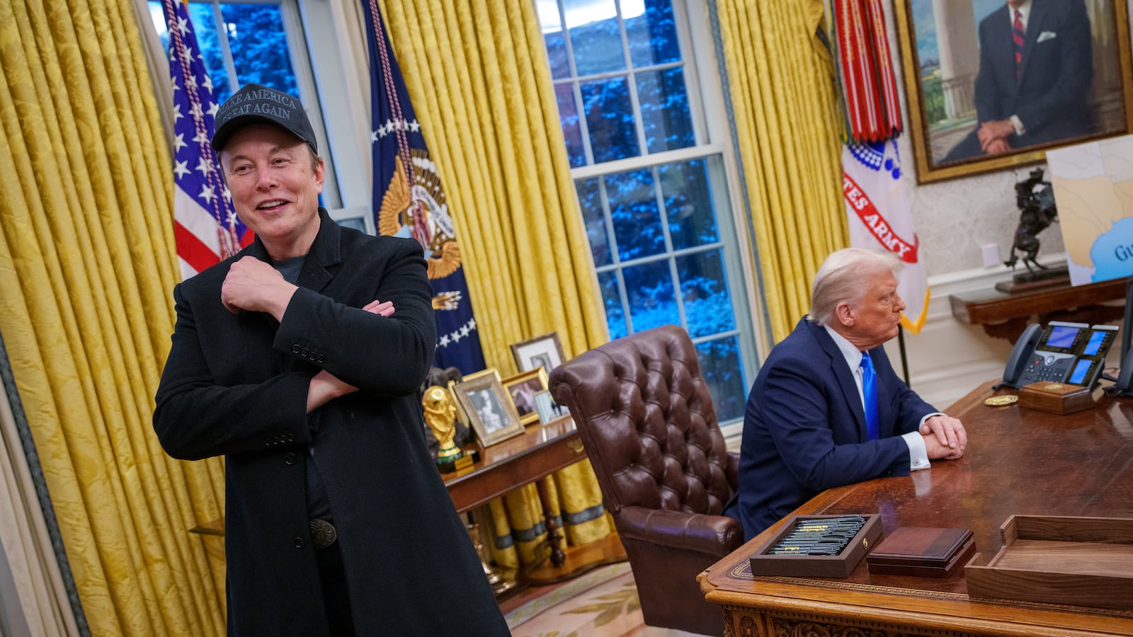 Tesla and SpaceX CEO Elon Musk and U.S. President Donald Trump appear during an executive order signing in the Oval Office at the White House on February 11, 2025 in Washington, DC.