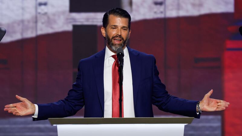Donald Trump Jr., son of former U.S. President Donald Trump speaks on stage  on the third day of the Republican National Convention at the Fiserv Forum on July 17, 2024 in Milwaukee, Wisconsin.