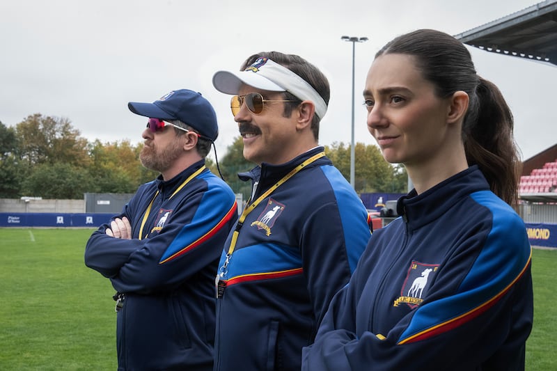 Brendan Hunt, Jason Sudeikis and Tanya Reynolds in Ted Lasso.