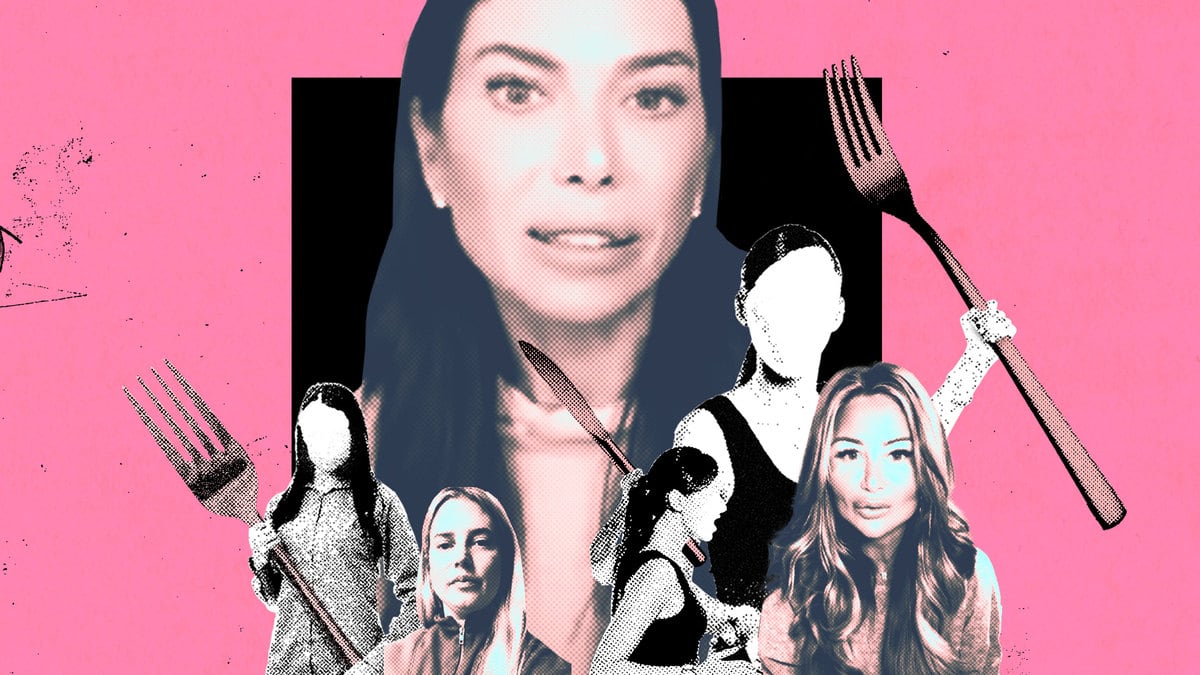 A photo illustration of Emily Geillis Lande, Ingrid De La Mare-Kenny and Tanya Zuckerbrot surrounded by faceless women wiedling giants forks and knives
