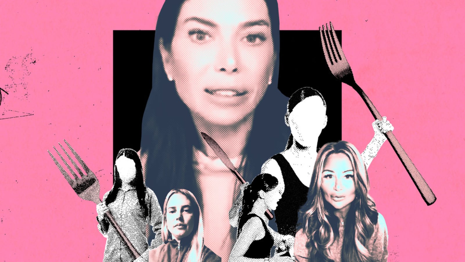 A photo illustration of Emily Geillis Lande, Ingrid De La Mare-Kenny and Tanya Zuckerbrot surrounded by faceless women wiedling giants forks and knives