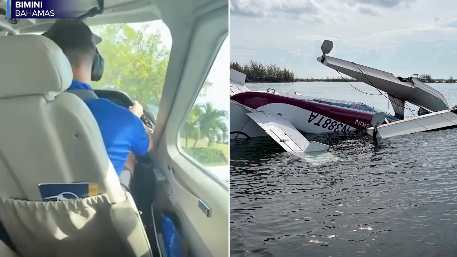 View from inside the cockpit and plane in water.