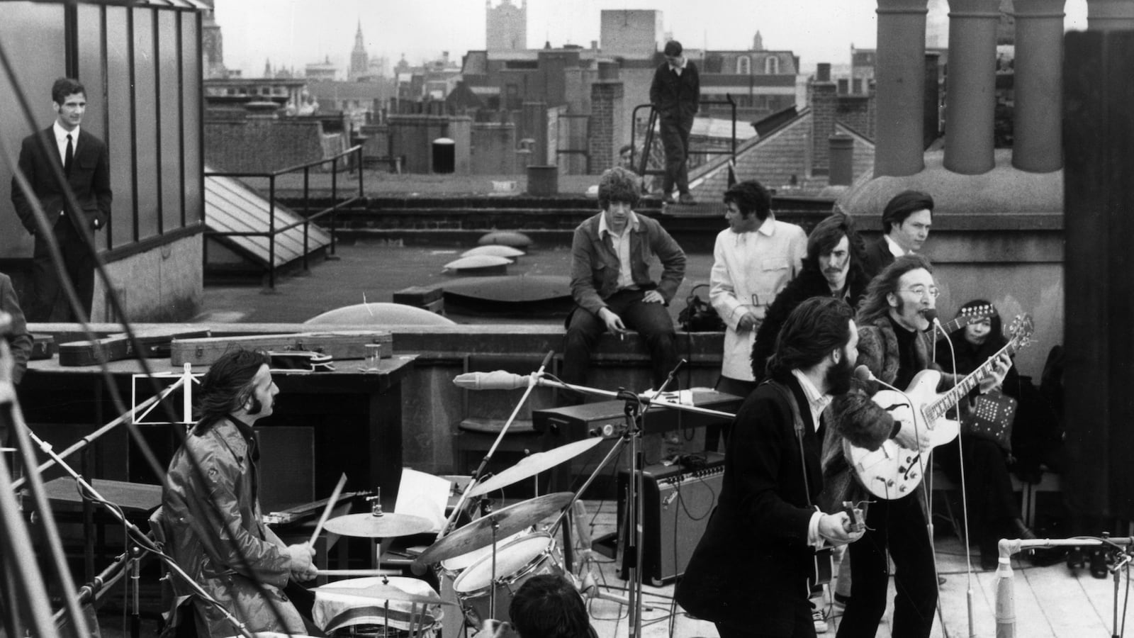 30th January 1969: British rock group the Beatles performing their last live public concert on the rooftop of the Apple Organization