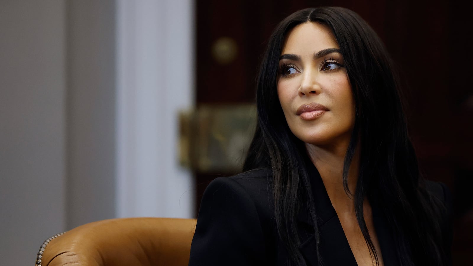 WASHINGTON, DC - APRIL 25: Reality television star and businesswoman Kim Kardashian attends a roundtable discussion on criminal justice reform hosted by Vice President Kamala Harris in the Roosevelt Room at the White House on April 25, 2024 in Washington, DC. The meeting included four of the sixteen people who had been convicted of non-violent drug offenses in the past and received clemency from President Joe Biden earlier this week.