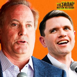 A photo illustration of Ken Paxton and James Talarico.
