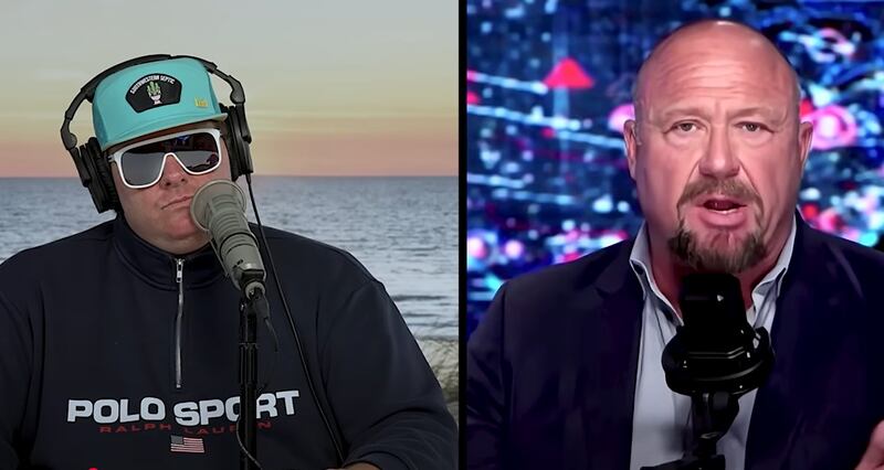 Tom Dillion (left) speaks with Alex Jones on his podcast.