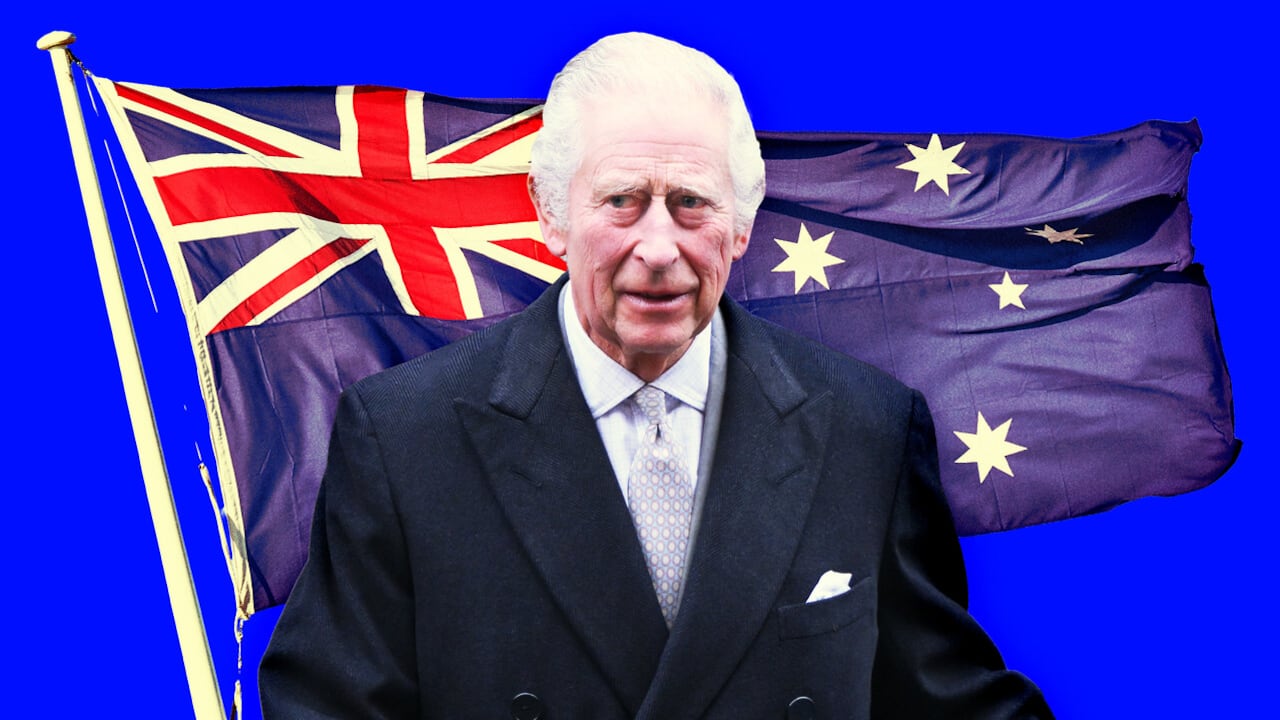 A photo illustration of King Charles and the flag of Australia.