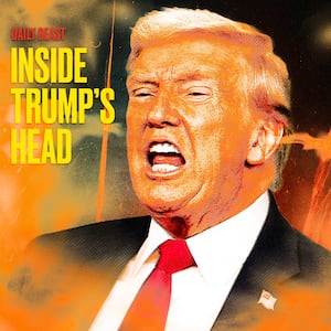 A photo illustration of Donald Trump surrounded by steam and anger for the Inside Trump's Head podcast.