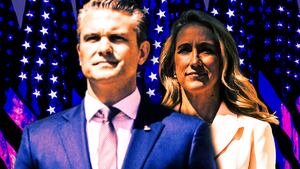 A photo illustration of Pete and Jennifer Hegseth.