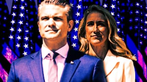 A photo illustration of Pete and Jennifer Hegseth.