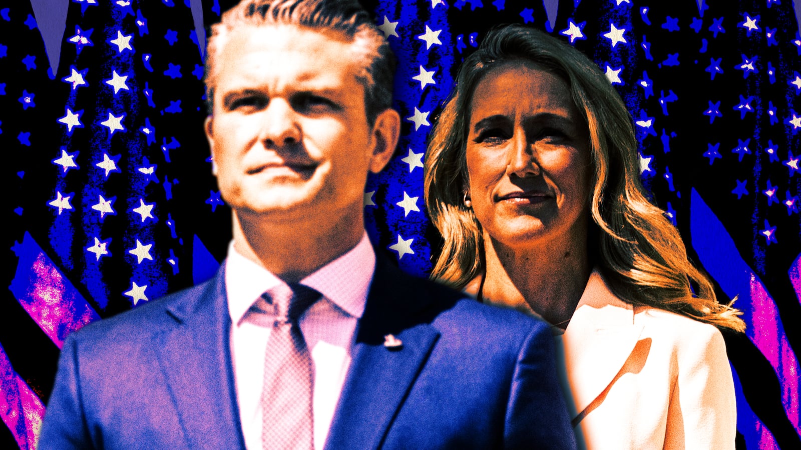 A photo illustration of Pete and Jennifer Hegseth.