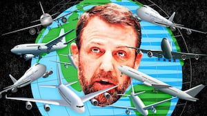 A photo illo illustration of Markwayne Mullin and airplanes flying around Earth.