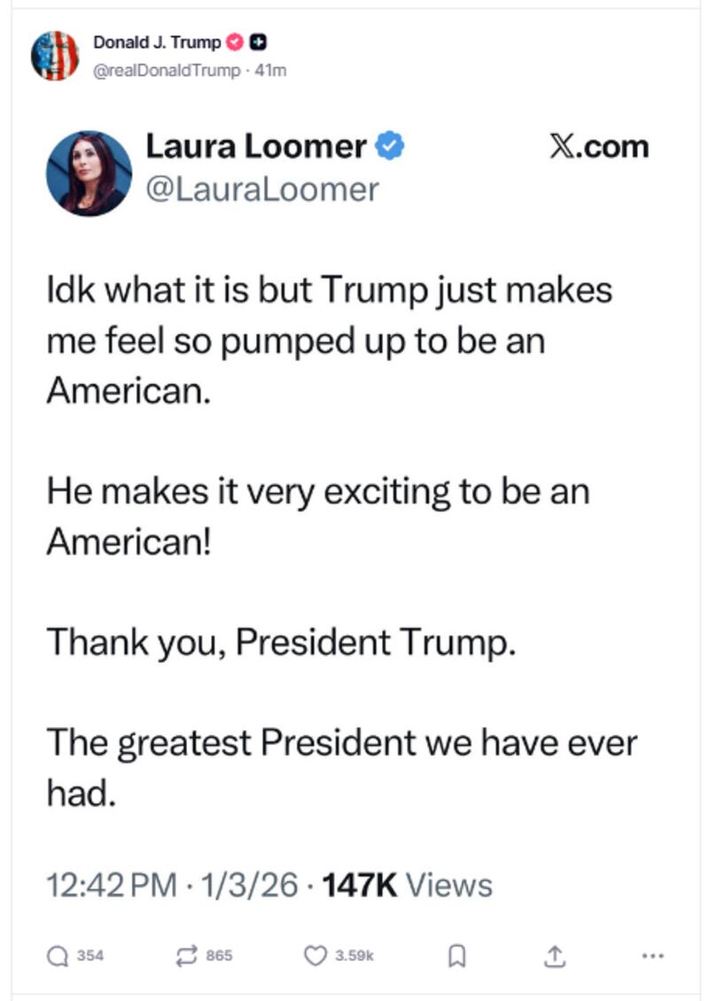 Trump re-shares a post from MAGA influencer Laura Loomer.