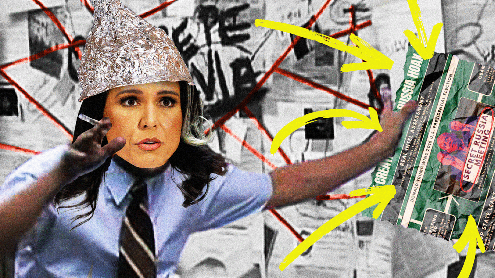 Tulsi Gabbard wearing a tinfoil hat as the Charlie Cox meme from It's Always Sunny in Philadelphia holding an obama russia hoax conspiracy theory graphic