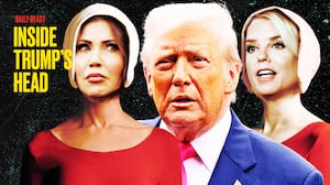 A photo illustration of Donald Trump with Pam Bondi and Kristi Noem as Handmaids.