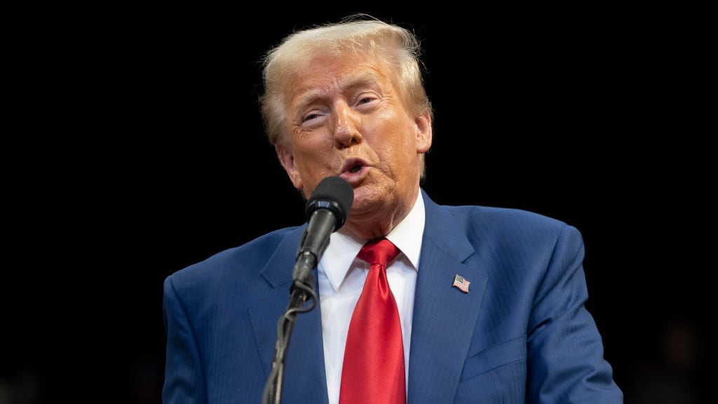 U.S. Republican presidential nominee, former President Donald Trump speaks during a campaign rally at Findlay Toyota Center on October 13, 2024 in Prescott Valley, Arizona.