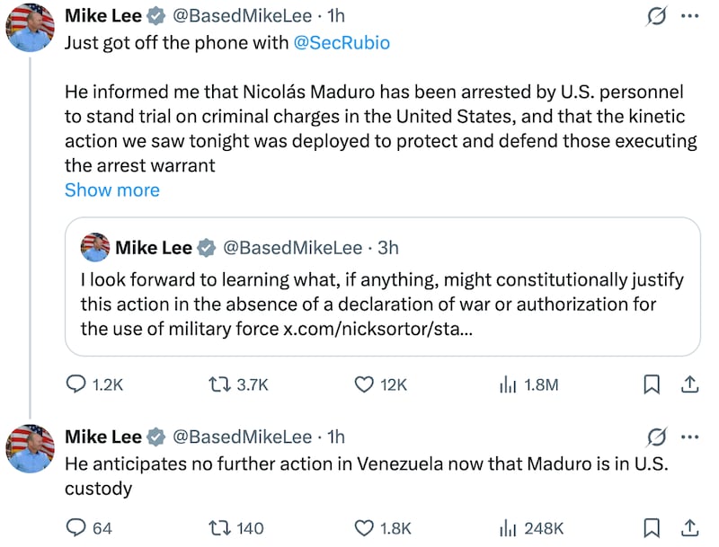 Mike Lee said he spoke to Marco Rubio about the strikes.