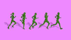 Woman running with computer code on top