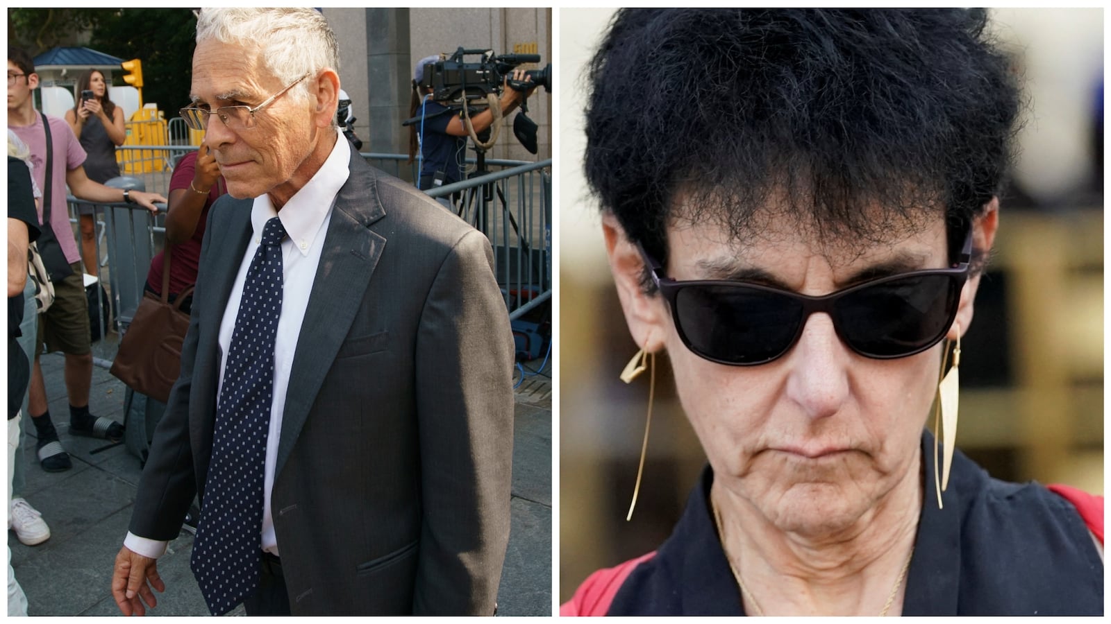 Two photos of Joseph Bankman and Barbara Fried leaving a courthouse in New York.