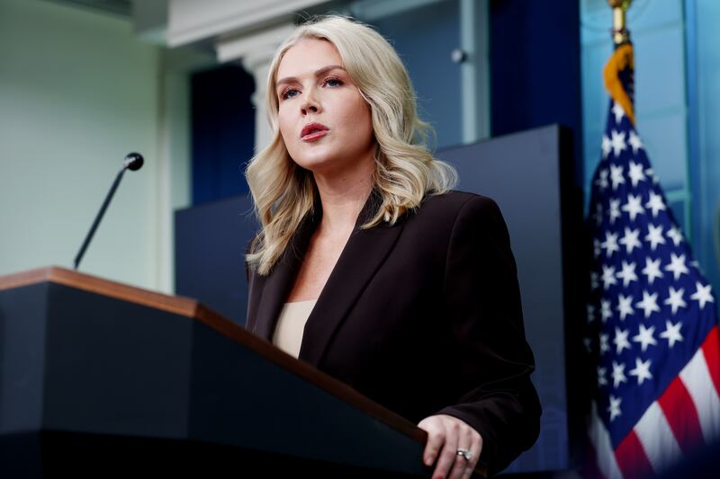 White House Press Secretary Karoline Leavitt speaks during a press briefing in the Brady Press Briefing Room of the White House on October 06, 2025 in Washington, DC.