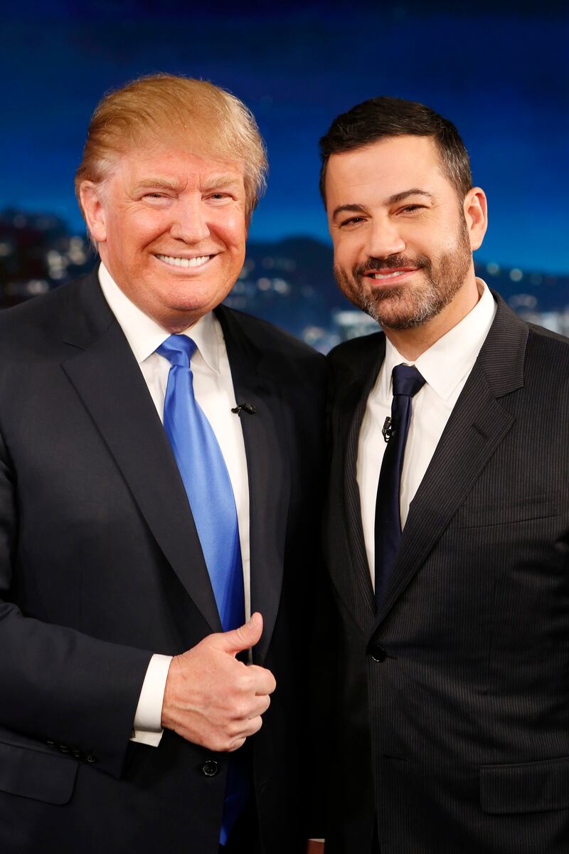 JIMMY KIMMEL LIVE - Emmy Award-nominated "Jimmy Kimmel Live" airs every weeknight (11:35 p.m. - 12:41 a.m., ET),  packed with hilarious comedy bits and features a diverse lineup of guests including celebrities, athletes, musicians, comedians and humorous human interest subjects. The guests for Wednesday, December 16 included Republican Presidential candidate Donald Trump and musical guest Gary Clark Jr. (Photo by Randy Holmes/Disney General Entertainment Content via Getty Images)
DONALD TRUMP, JIMMY KIMMEL