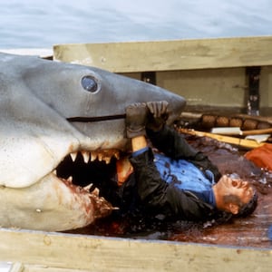 British actor Robert Shaw on the set of Jaws, directed by Steven Spielberg