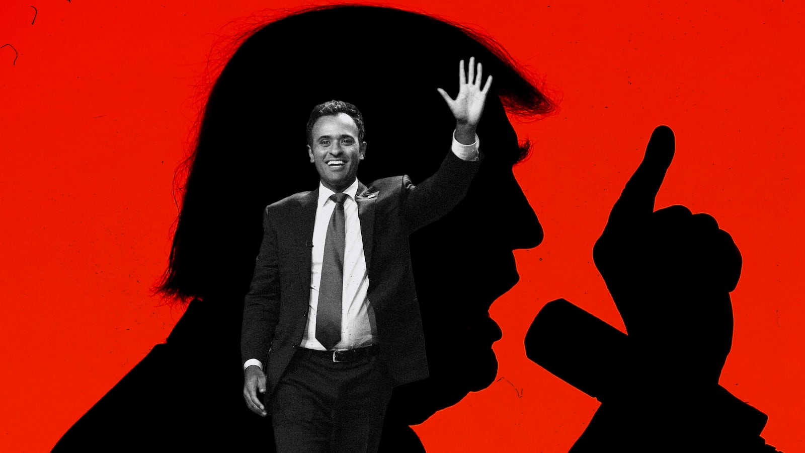 A photo illustration of Vivek Ramaswamy and former President Donald Trump.