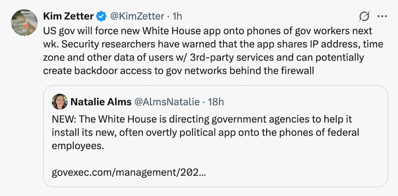 Journalists warn of dangers of White House app auto install.