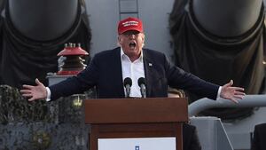 TOPSHOT - Republican presidential candidate Donald Trump gives a national security speech aboard the World War II Battleship USS Iowa, September 15, 2015, in San Pedro, California. AFP PHOTO /ROBYN BECK (Photo by Robyn BECK / AFP) (Photo by ROBYN BECK/AFP via Getty Images)