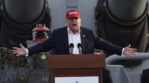 TOPSHOT - Republican presidential candidate Donald Trump gives a national security speech aboard the World War II Battleship USS Iowa, September 15, 2015, in San Pedro, California. AFP PHOTO /ROBYN BECK (Photo by Robyn BECK / AFP) (Photo by ROBYN BECK/AFP via Getty Images)