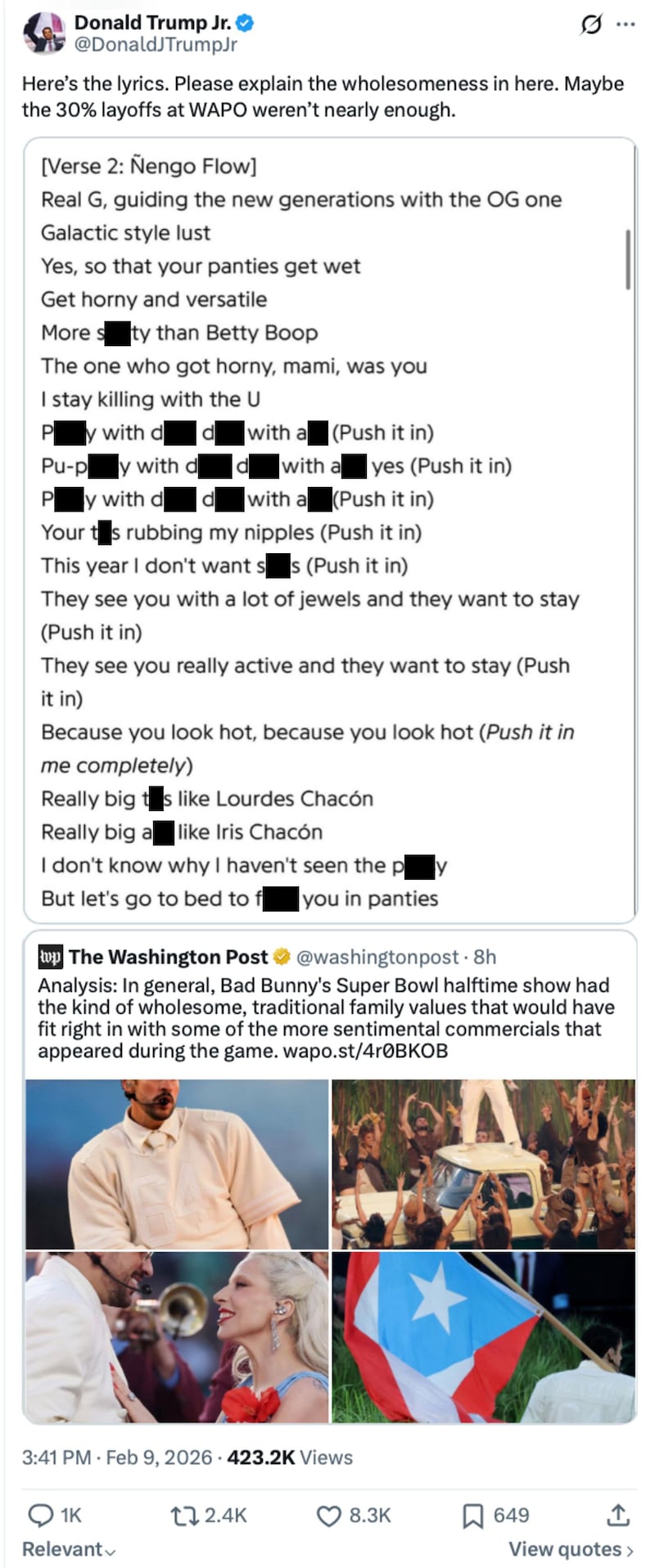 Trump Jr. said some of the lyrics in one of Bad Bunny's song weren't "wholesome," as some argued.