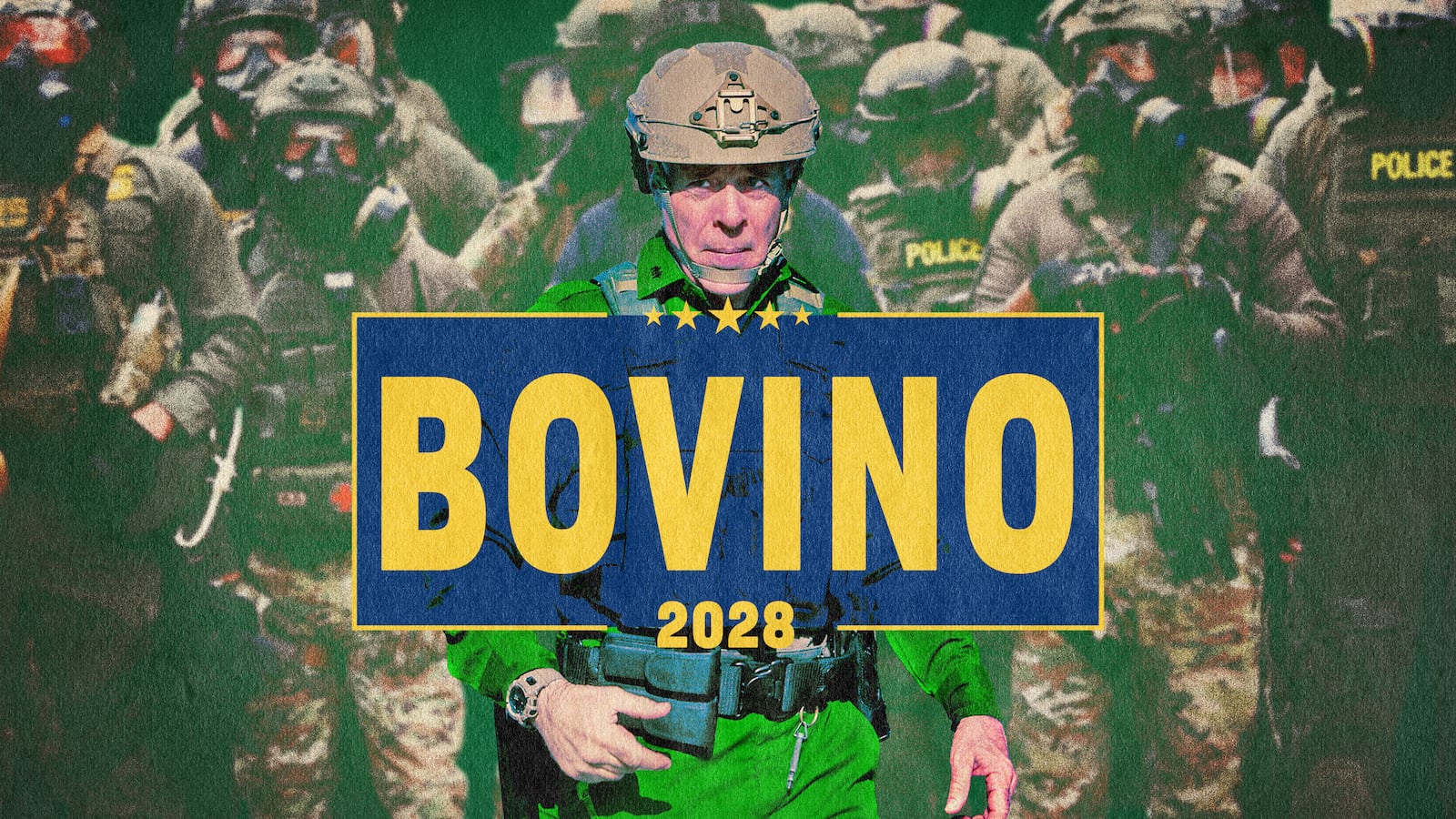 A photo illo illustration of Greg Bovino running for president in 2028.