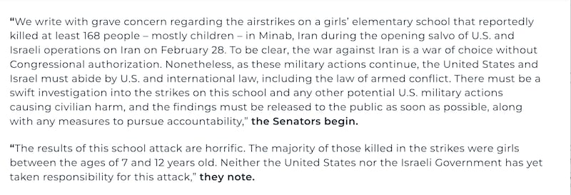 An excerpt from a letter signed by Senate Democrats to the Department of Defense.