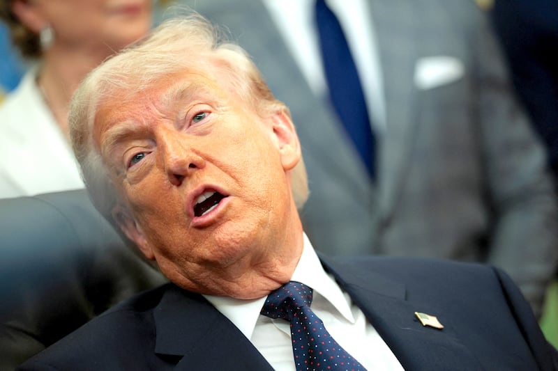 President Donald Trump speaks during an event to sign a memorandum in the Oval Office at the White House in Washington, D.C., U.S., May 5, 2026.