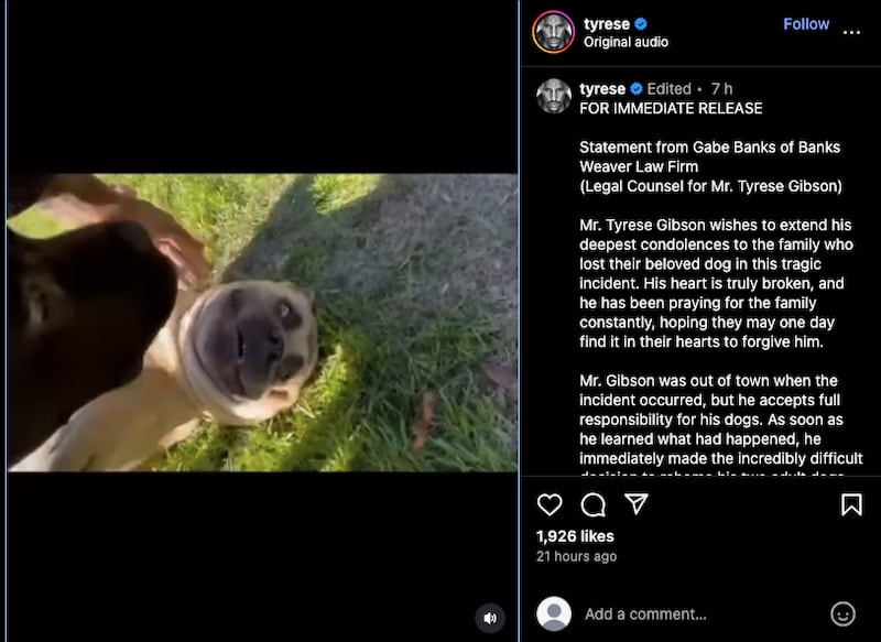 Tyrese Gibson posted. astatement on Instagram