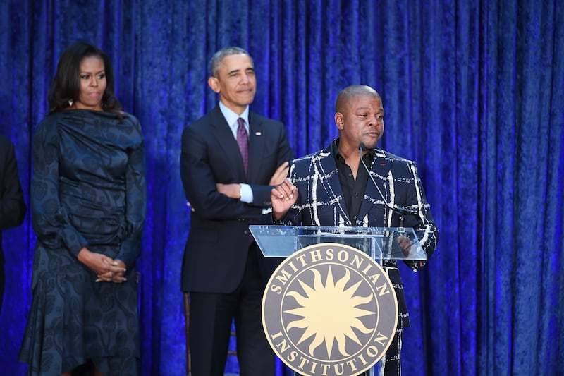 WASHINGTON, DC - FEBRUARY 12: Artist, Kehinde Wiley speaks during an event for former President Barack Obama and former First Lady Michelle Obama as they have their portraits unveiled at the Smithsonian National Portrait Gallery on Monday February 12, 2018 in Washington, DC. The former President's portrait was painted by Kehinde Wiley while the former First Lady's portrait was painted by Amy Sherald. (Photo by Matt McClain/The Washington Post via Getty Images)