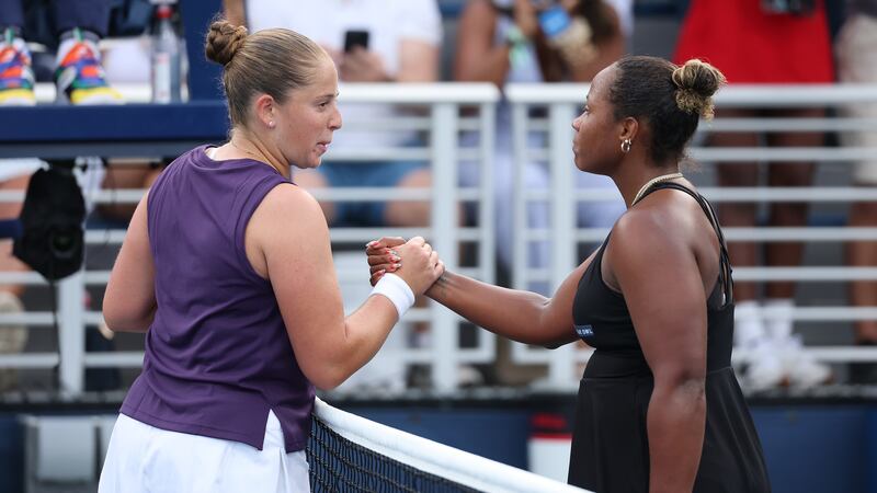 NEW YORK, NEW YORK - AUGUST 27: Taylor Townsend of the United States (R) greets Jelena Ostapenko of Latvia during their Women's Singles Second Round match on Day Four of the 2025 US Open at USTA Billie Jean King National Tennis Center on August 27, 2025 in the Flushing neighborhood of the Queens borough of New York City.