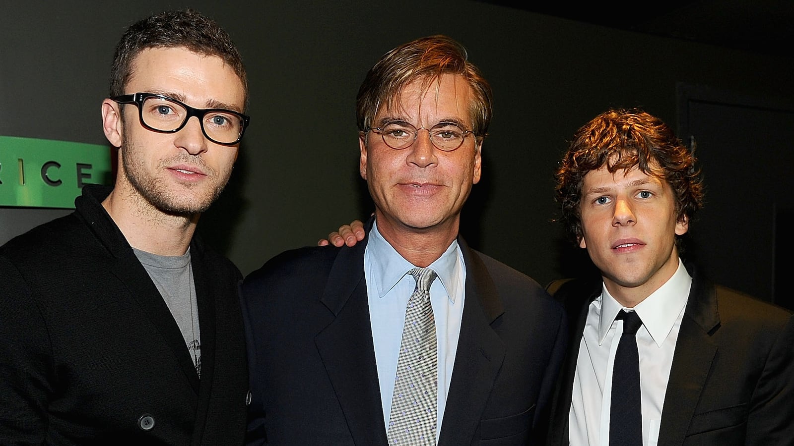 Justin Timberlake (L), Aaron Sorkin (C), and Jessie Eisenberg (R)