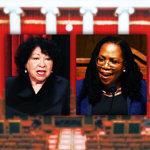 A photo illustration of Justice Sonia Sotomayor and Ketanji Brown Jackson and a background of the Supreme Court.