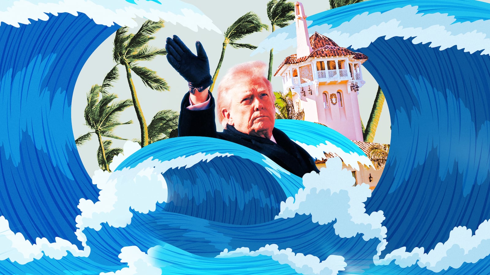 A photo illustration of Donald Trump in blue waves along with Mar-A-Lago.