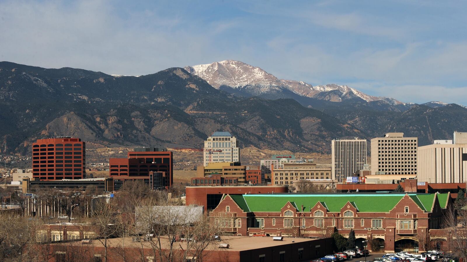 This is the skyline of Colorado Springs looking west towards Pikes Peak.