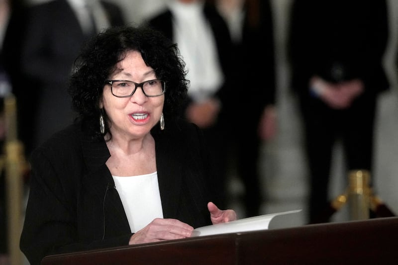 U.S. Supreme Court Justice Sonia Sotomayor speaks during a funeral service for retired Supreme Court Justice Sandra Day O’Connor in the Great Hall at the Supreme Court in Washington, U.S., Monday, Dec. 18, 2023.  Jacquelyn Martin/Pool via REUTERS
