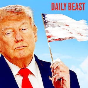 Donald Trump waves a (white) American flag.