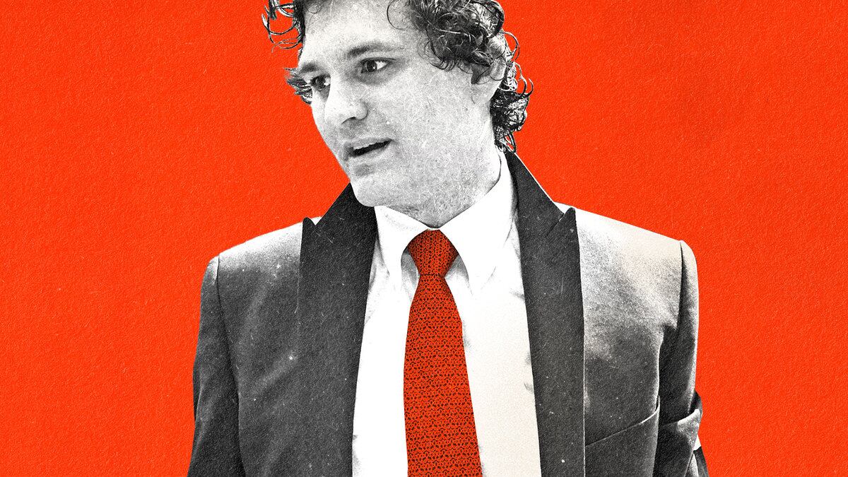 An illustration of FTX founder Sam Bankman-Fried on a red background.