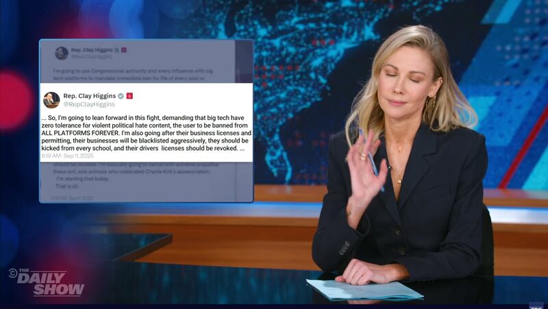 The Daily Show, Desi Lydic reacting to a post from Rep. Clay Higgins.