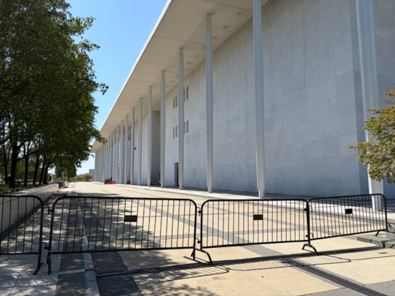 Barries put up outside the Kennedy Center on September 16, the day after the president's hand-picked board voted to shut the performing arts center down.