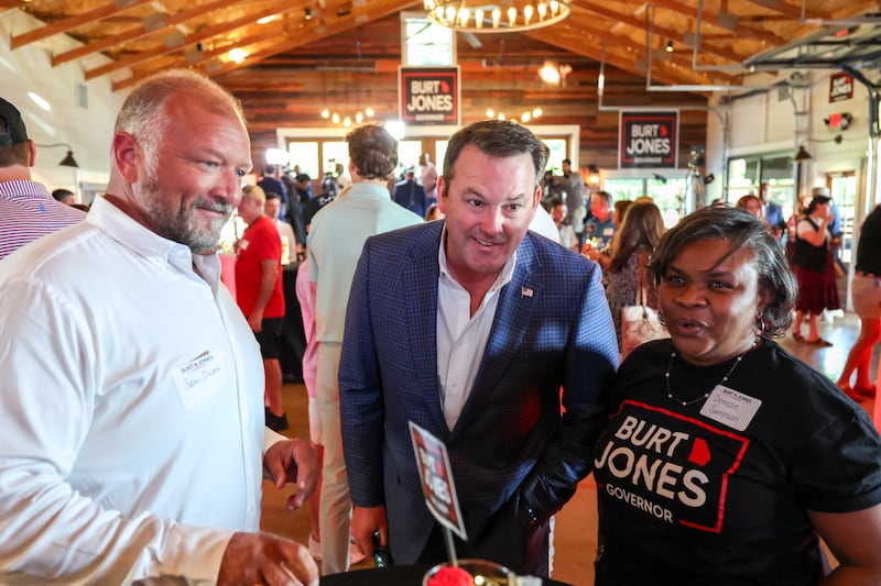 Republican gubernatorial candidate, Lt. Gov. Burt Jones meets with supporters on primary election day at Three Rivers Ranch on May 19, 2026 in Jackson, Georgia. Jones will face healthcare billionaire Rick Jackson in a June runoff for the Republican nomination.