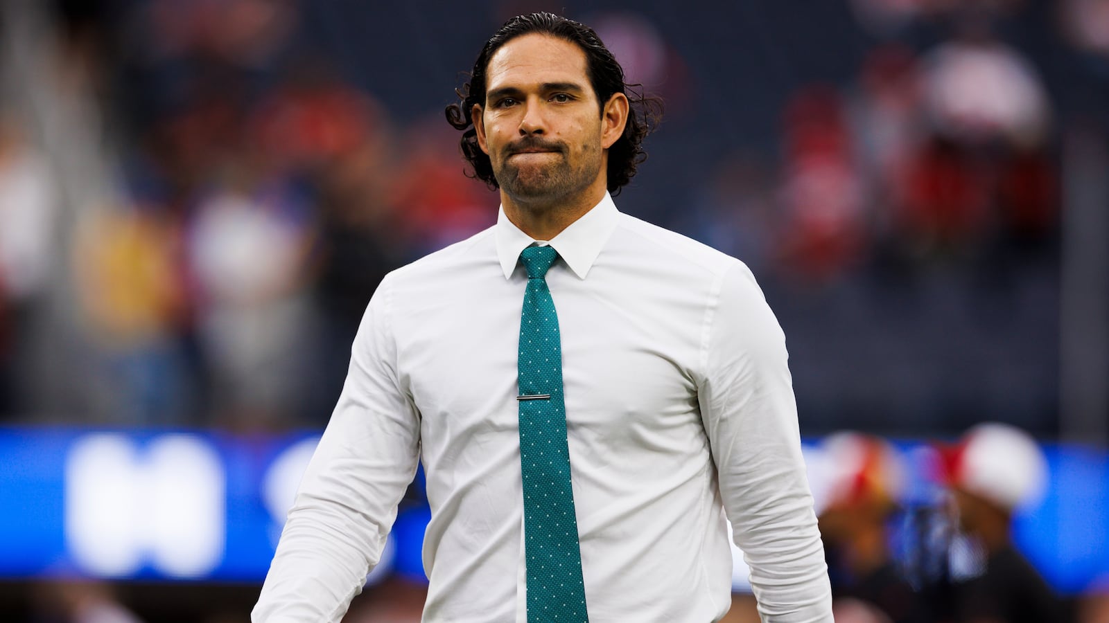 INGLEWOOD, CALIFORNIA - SEPTEMBER 17: Mark Sanchez former NFL quarterback on the field during a game between the San Francisco 49ers and the Los Angeles Rams at SoFi Stadium on September 17, 2023 in Inglewood, California. (Photo by Ric Tapia/Getty Images