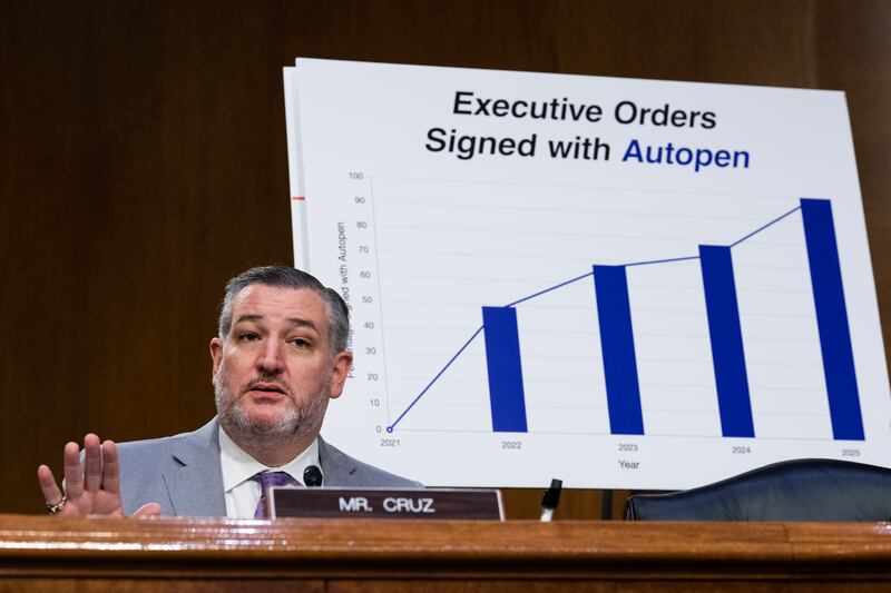 UNITED STATES - JUNE 18: Sen. Ted Cruz, R-Texas, speaks during the Senate Judiciary Committee hearing titled "Unfit to Serve: How the Biden Cover-Up Endangered America and Undermined the Constitution," in Dirksen building on Wednesday, June 18, 2025. (Tom Williams/CQ-Roll Call, Inc via Getty Images)