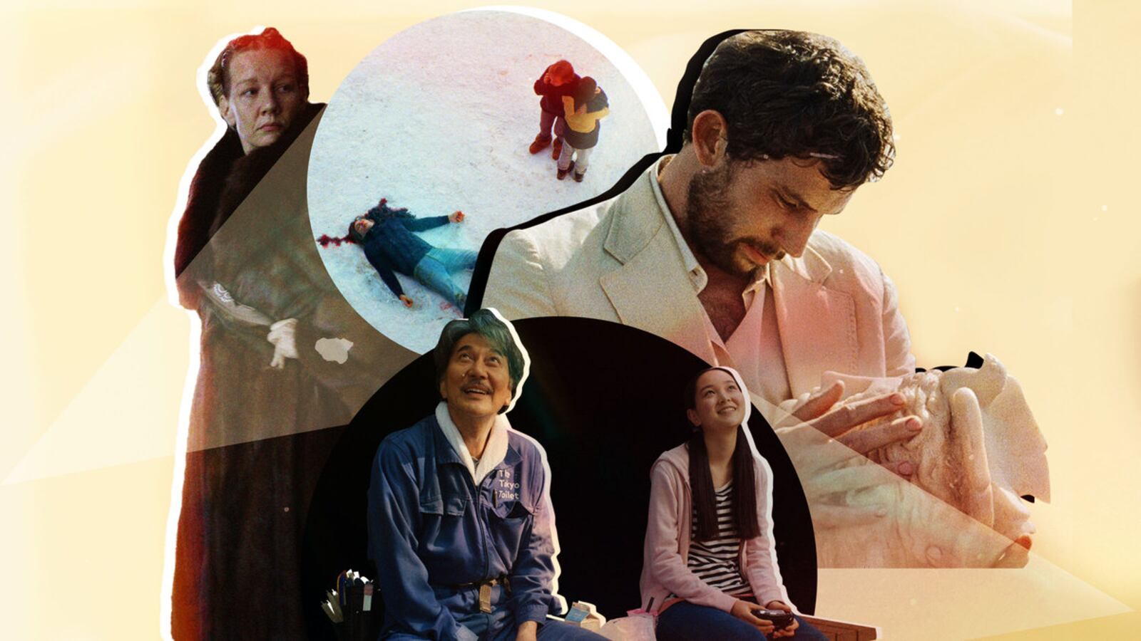 A photo illustration showing characters from film stills for Zone of Interest, Perfect Days, La Chimera, and Anatomy of a Fall.